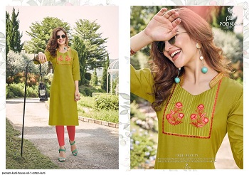 Poonam Cotton House Vol 1 Cotton Slub Embroidery Work Kurtis. Buy Wholesale Kurtis Catalog In cheap price online for reselling. Cotton House vol 1 Kurtis in bulk rate by Poonam Designer 