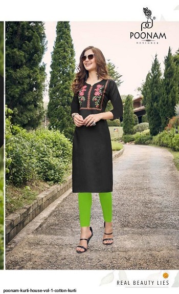 Poonam Cotton House Vol 1 Cotton Slub Embroidery Work Kurtis. Buy Wholesale Kurtis Catalog In cheap price online for reselling. Cotton House vol 1 Kurtis in bulk rate by Poonam Designer 