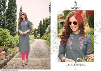 Poonam Cotton House Vol 1 Cotton Slub Embroidery Work Kurtis. Buy Wholesale Kurtis Catalog In cheap price online for reselling. Cotton House vol 1 Kurtis in bulk rate by Poonam Designer 