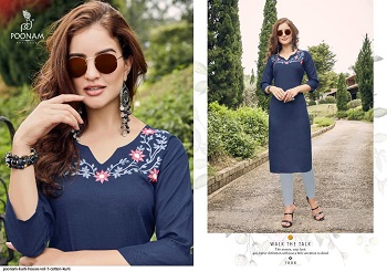 Poonam Cotton House Vol 1 Cotton Slub Embroidery Work Kurtis. Buy Wholesale Kurtis Catalog In cheap price online for reselling. Cotton House vol 1 Kurtis in bulk rate by Poonam Designer 