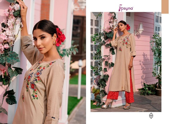 Psyna Preet vol 6 kurtis wholesale catalog. Preet vol 6 viscose silk kurtis top with printed pants wholesale catalogue by Brand psya.