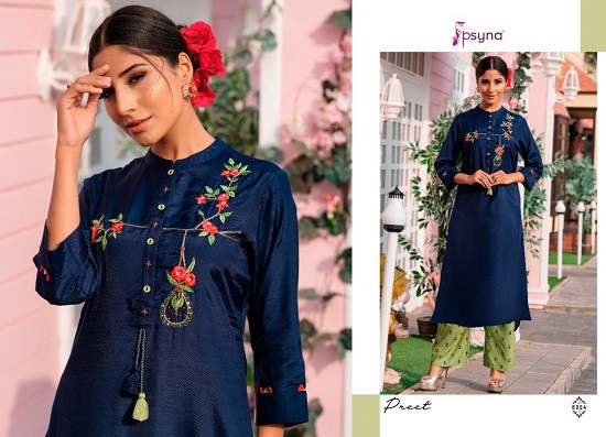 Psyna Preet vol 6 kurtis wholesale catalog. Preet vol 6 viscose silk kurtis top with printed pants wholesale catalogue by Brand psya.