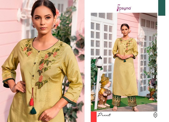 Psyna Preet vol 6 kurtis wholesale catalog. Preet vol 6 viscose silk kurtis top with printed pants wholesale catalogue by Brand psya.