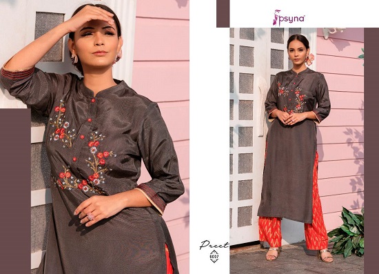 Psyna Preet vol 6 kurtis wholesale catalog. Preet vol 6 viscose silk kurtis top with printed pants wholesale catalogue by Brand psya.