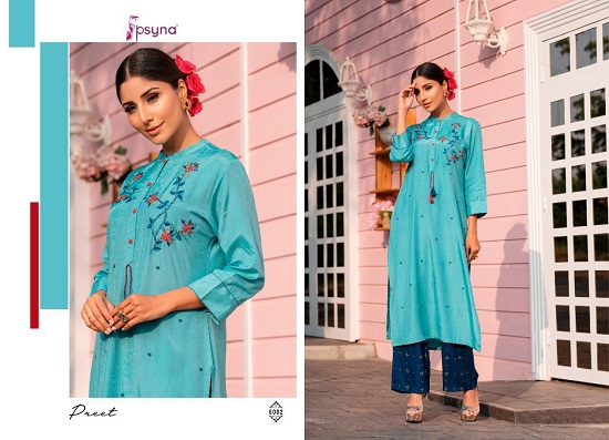 Psyna Preet vol 6 kurtis wholesale catalog. Preet vol 6 viscose silk kurtis top with printed pants wholesale catalogue by Brand psya.