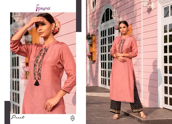 Psyna Preet vol 6 kurtis wholesale catalog. Preet vol 6 viscose silk kurtis top with printed pants wholesale catalogue by Brand psya.