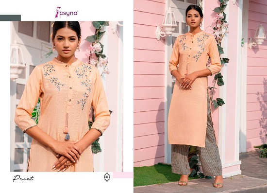 Psyna Preet vol 6 kurtis wholesale catalog. Preet vol 6 viscose silk kurtis top with printed pants wholesale catalogue by Brand psya.