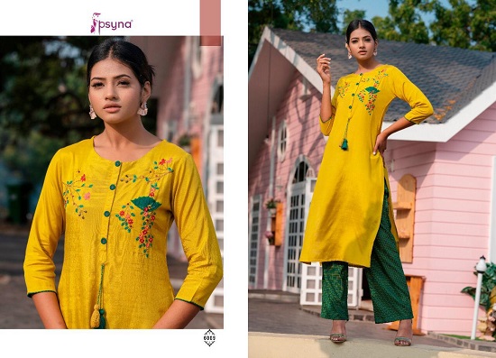 Psyna Preet vol 6 kurtis wholesale catalog. Preet vol 6 viscose silk kurtis top with printed pants wholesale catalogue by Brand psya.