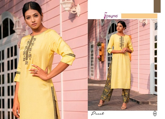 Psyna Preet vol 6 kurtis wholesale catalog. Preet vol 6 viscose silk kurtis top with printed pants wholesale catalogue by Brand psya.