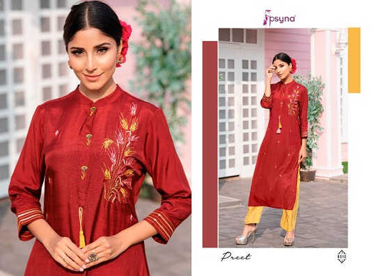 Psyna Preet vol 6 kurtis wholesale catalog. Preet vol 6 viscose silk kurtis top with printed pants wholesale catalogue by Brand psya.