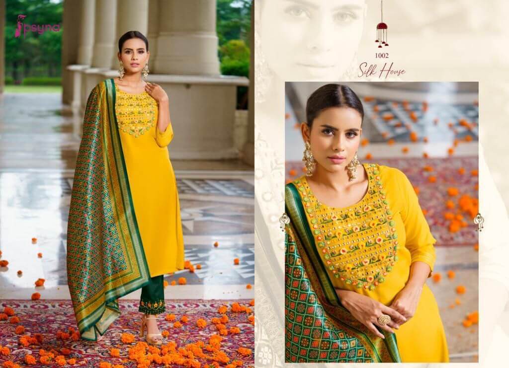 Psyna Silk House Silk Kurta Pant Dupatta Catalog in Wholesale Price, Buy Psyna Silk House Silk Kurta Pant Dupatta Full Catalog in Wholesale Price Online From Vadodara, Gujarat