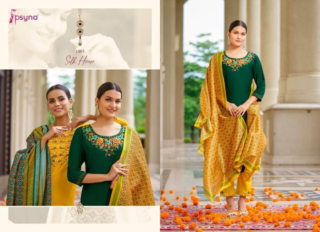 Psyna Silk House Silk Kurta Pant Dupatta Catalog in Wholesale Price, Buy Psyna Silk House Silk Kurta Pant Dupatta Full Catalog in Wholesale Price Online From Vadodara, Gujarat