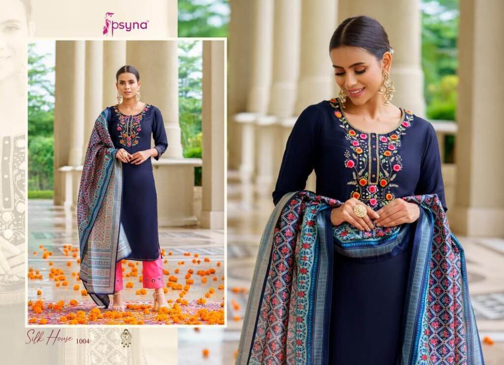 Psyna Silk House Silk Kurta Pant Dupatta Catalog in Wholesale Price, Buy Psyna Silk House Silk Kurta Pant Dupatta Full Catalog in Wholesale Price Online From Vadodara, Gujarat