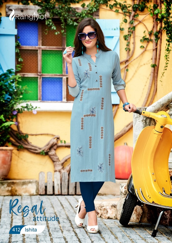 Rang Jyot Ishita vol 4 wholesale kurtis catalog. Ishita vol 4 wholesale rayon kurtis catalogue by Rangjyot Brand.