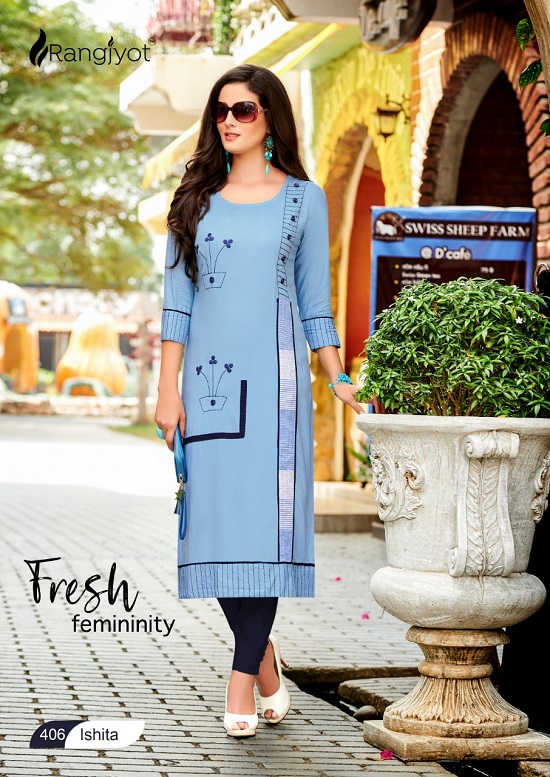 Rang Jyot Ishita vol 4 wholesale kurtis catalog. Ishita vol 4 wholesale rayon kurtis catalogue by Rangjyot Brand.