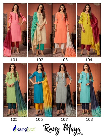 Rangmaya vol 1 Top Pant Dupatta Set Wholesale Catalog by Rangjyot brand, Ladies readymade Dress Wholesale Catalogue of Eight Pieces Rangmaya vol 1 at best Wholesale Price