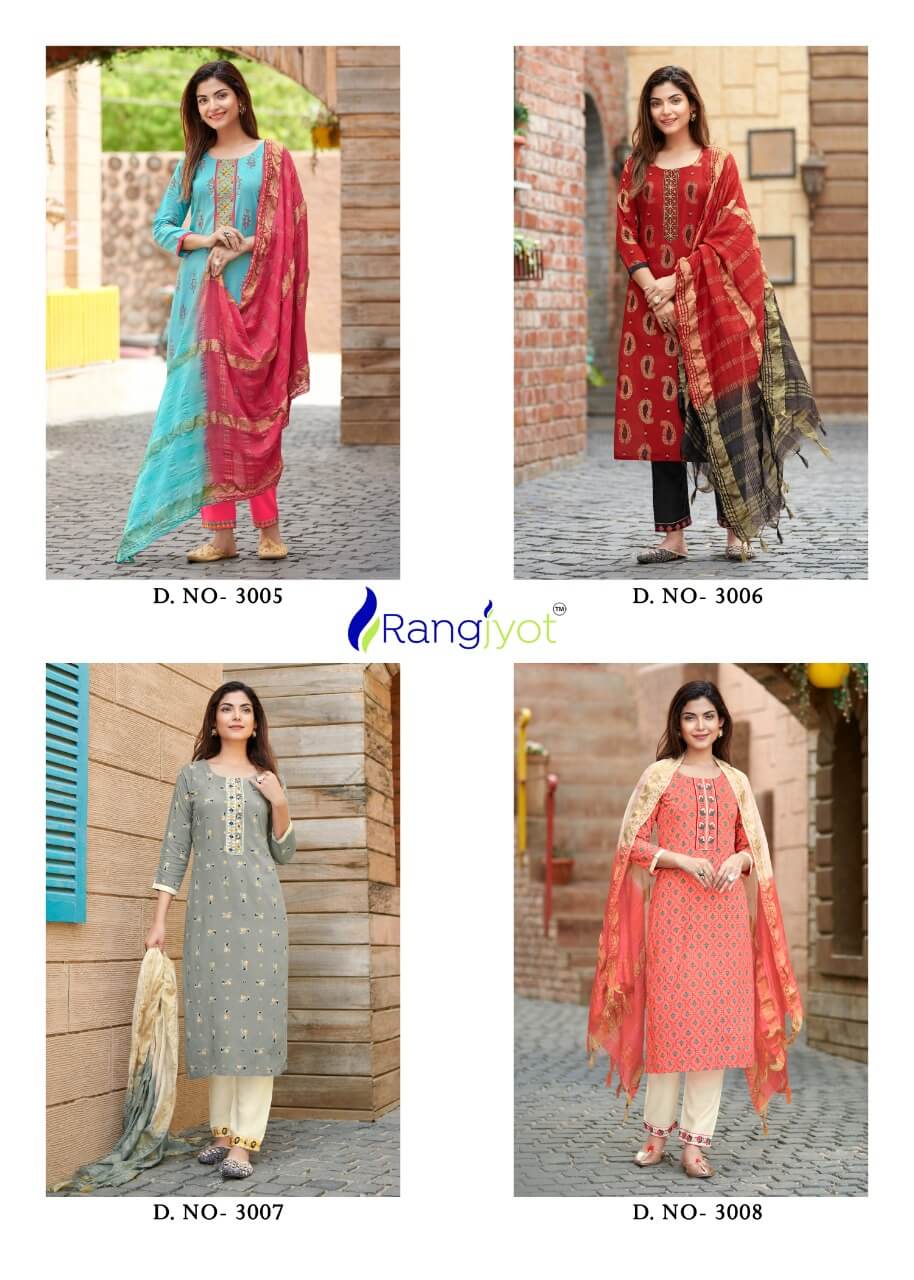 Rangjyot Rangmaya vol 3 Top Bottom and Dupatta Set Wholesale Catalog, Buy Rangjyot Rangmaya vol 3 Full Catalog of Ladies top Bottom Dupatta Set in Wholesale Rate