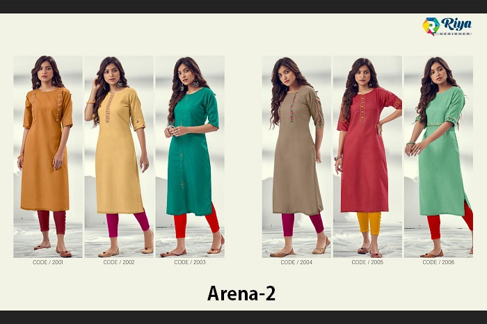 Riya Designer Arena vol 2 Cotton Slub Kurtis Six Designs Catalogue in Wholesale Market, Riya presents lowest rate cotton kurtis catalogue with work in wholesale textile market