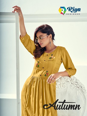 Riya Designer Autumn Five Designs Wholesale Kurtis Catalogue, Rayon Weaving Fabric and Khatli Work Ladies Kurtis Catalogue Autumn by Riya Designer