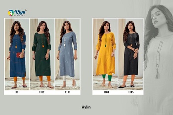 Riya Designer Kurtis Wholesale Catalogue, Aylin Rayon Weaving Pattern with Embroidery work Sleeves Pattern Ladies Kurtis Catalogue by Riya