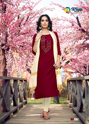 Riya Designer Inayat vol 3 Kurti With Dupatta Catalog, Five Designs Embroidery work Rayon Kurti with Banarasi Dupatta set Catalogue Inayat vol 3 by Riya Designer