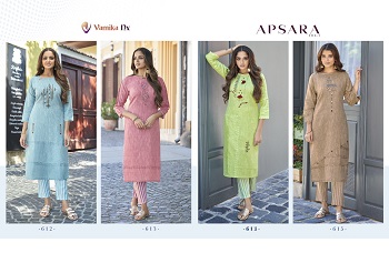 Apsara vol 3 Kurti Pant Set Catalog in Wholesale, Four Pair Pure Cotton Embroidery work Ladies Kurta pant set catalog Apsara vol 3 By Vamika 