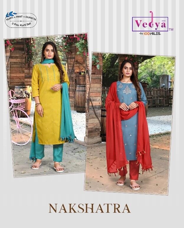 Vedya Nakshatra Kurti With Pant and Dupatta Catalog, Buy Vedya Brand Nakshatra Full Catalog of Kurtis with Pant and Dupatta in Wholesale Price Online