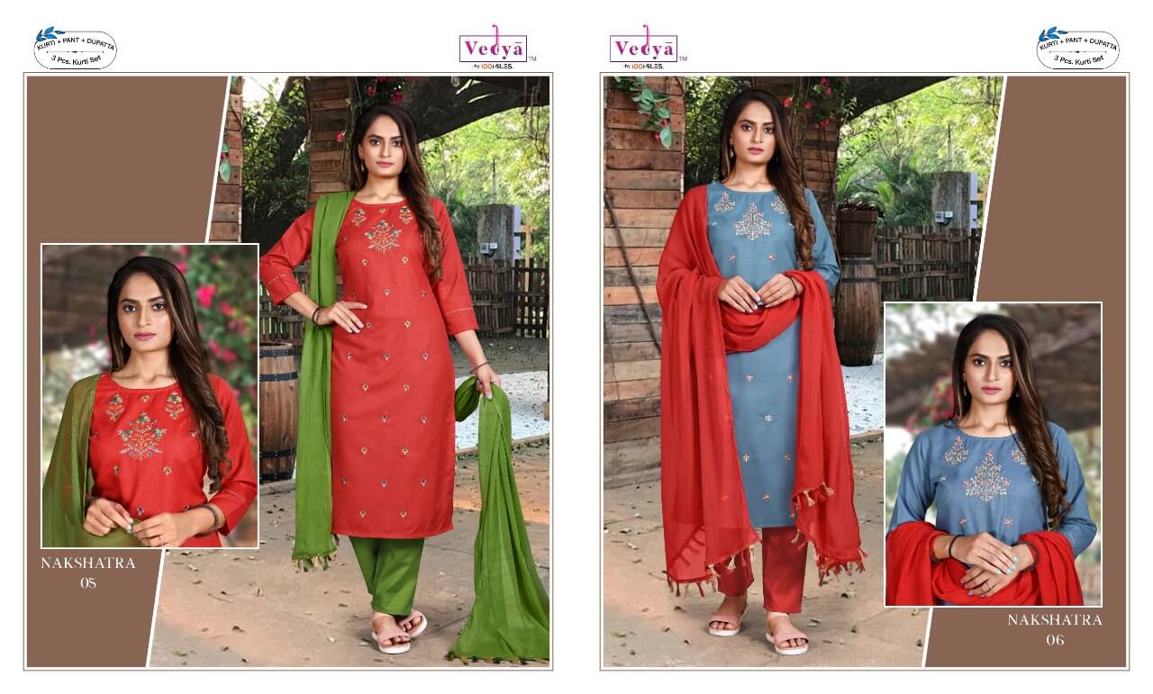 Vedya Nakshatra Kurti With Pant and Dupatta Catalog, Buy Vedya Brand Nakshatra Full Catalog of Kurtis with Pant and Dupatta in Wholesale Price Online