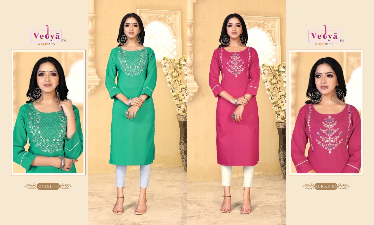 Vedya Surkh Embroidery Work Kurtis Wholesale Catalog, Buy Vedya Surkh Embroidery Work Kurtis Full Catalog at Wholesale Price Online