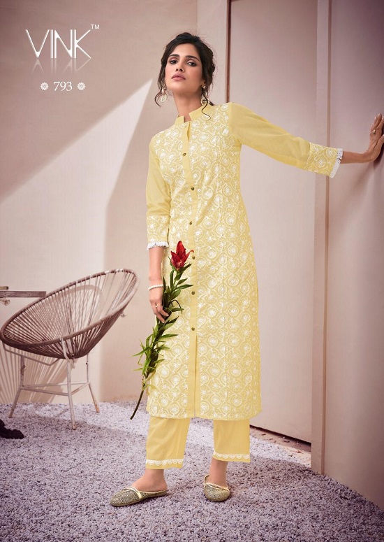 Vink Lucknowi Kurtis with Pants catalogue in wholesale. Lucknowi Schiffli work kurtis with Pants with work wholesale catalogue at best wholesale price online.