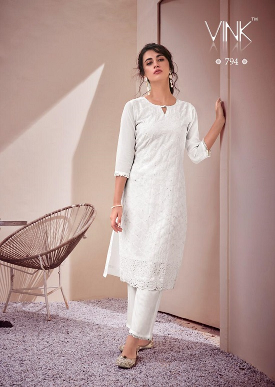 Vink Lucknowi Kurtis with Pants catalogue in wholesale. Lucknowi Schiffli work kurtis with Pants with work wholesale catalogue at best wholesale price online.