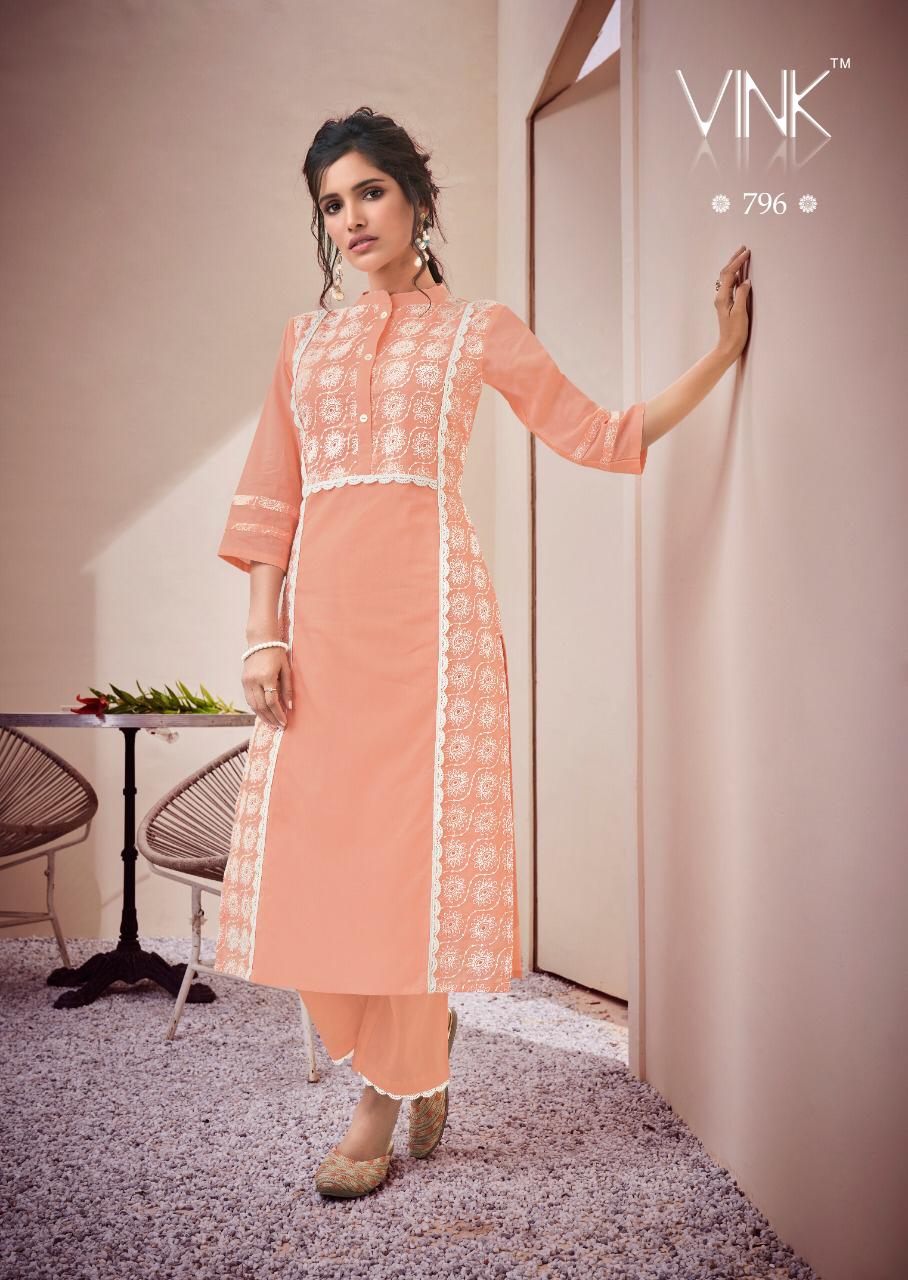 Vink Lucknowi Kurtis with Pants catalogue in wholesale. Lucknowi Schiffli work kurtis with Pants with work wholesale catalogue at best wholesale price online.