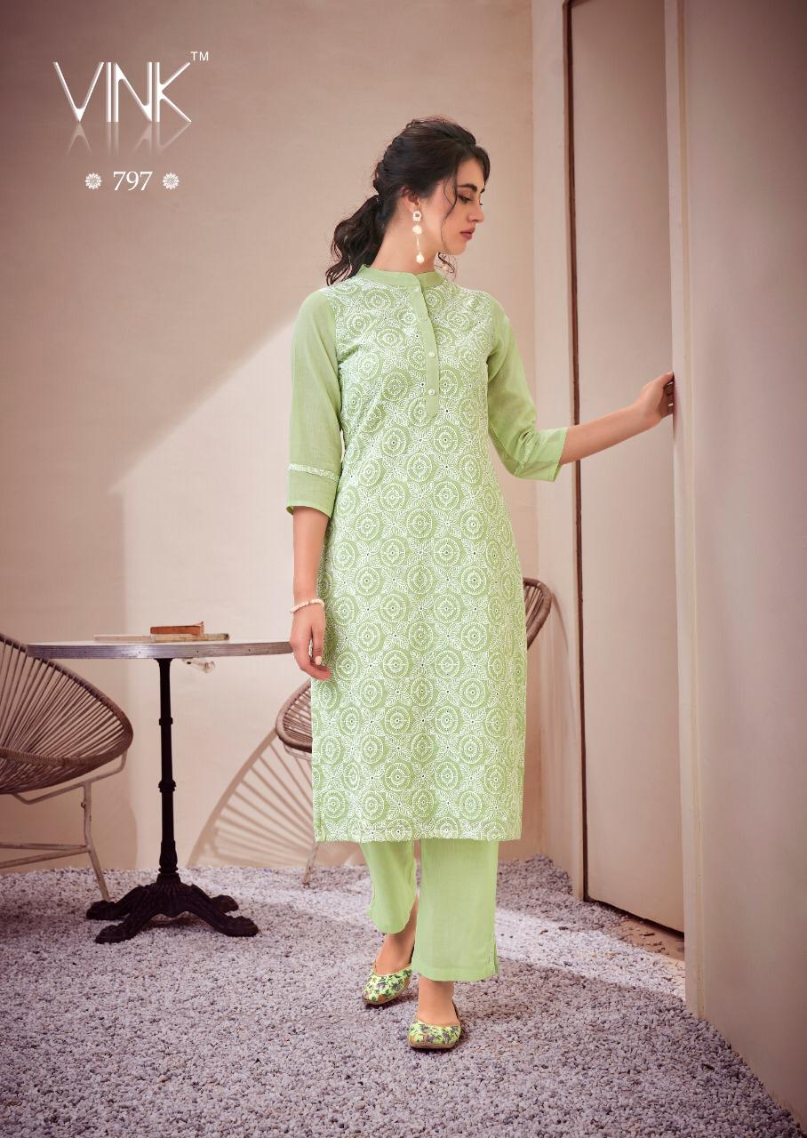 Vink Lucknowi Kurtis with Pants catalogue in wholesale. Lucknowi Schiffli work kurtis with Pants with work wholesale catalogue at best wholesale price online.