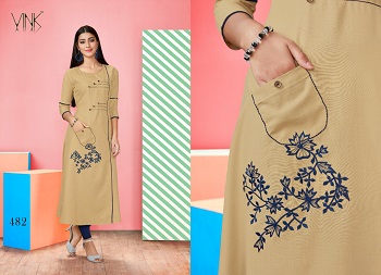 Vink Stella Linen Cotton Hand Work And Embroidery Work Wholesale Kurti Catalog
