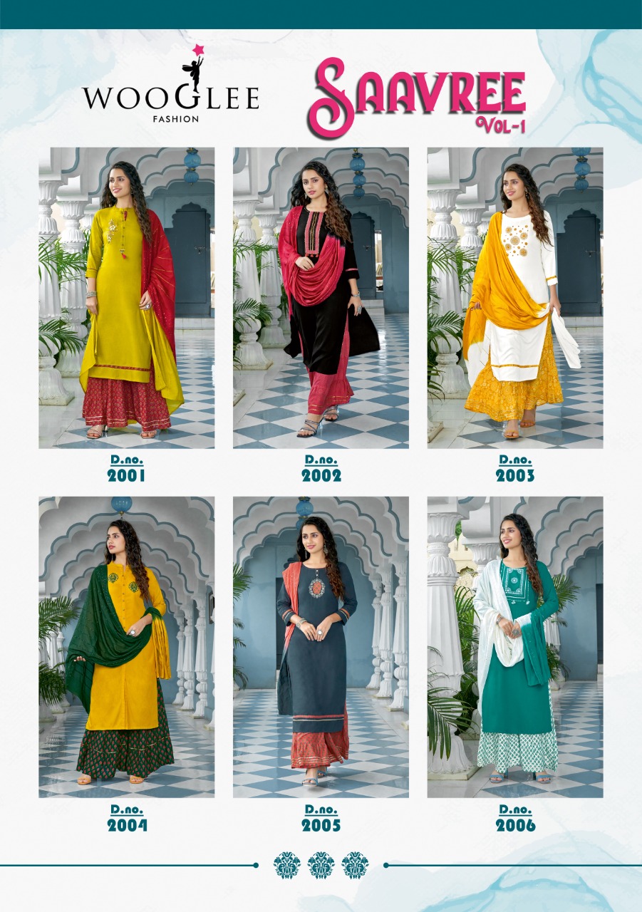 Kurtis With Sharara and Dupatta Set Wholesale Catalog Saavree by Wooglee Brand, Six Piece Wholesale Catalogue Saavree Top with Bottom and Dupatta Collection forFestive Season