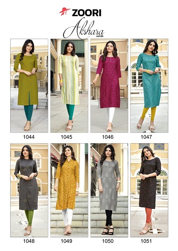 Akshara vol 6 Rayon Print Kurtis Catalogue by Zoori Brand, Purchase Wholesale Kurtis Bunch Akshara vol 6 at bulk Price, Rayon Print Fabric Ladies Kurtis eight Designs bunch By Zoori Brand