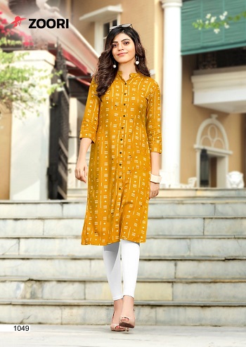 Akshara vol 6 Rayon Print Kurtis Catalogue by Zoori Brand, Purchase Wholesale Kurtis Bunch Akshara vol 6 at bulk Price, Rayon Print Fabric Ladies Kurtis eight Designs bunch By Zoori Brand